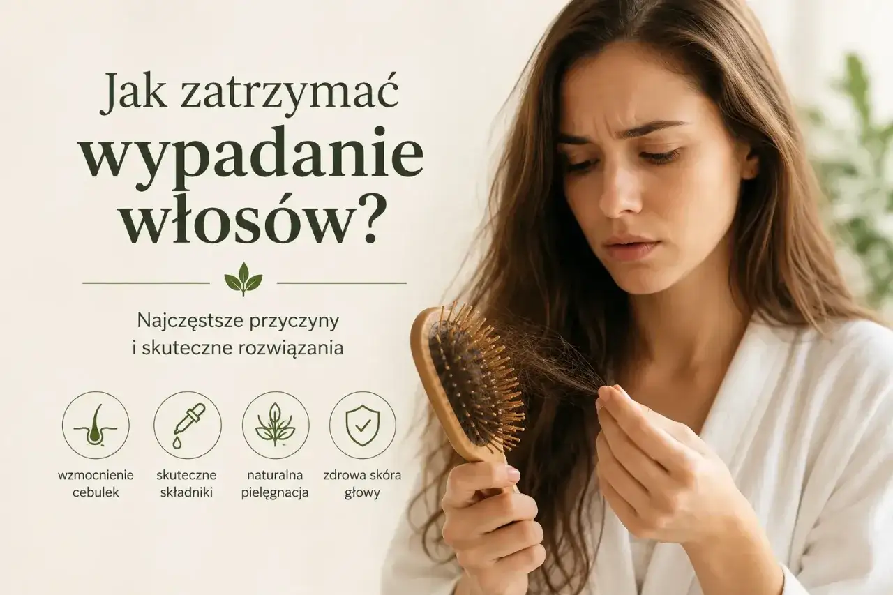 Kobieta zmartwiona przerzedzonymi włosami, trzymająca szczotkę z włosami. Tekst: 