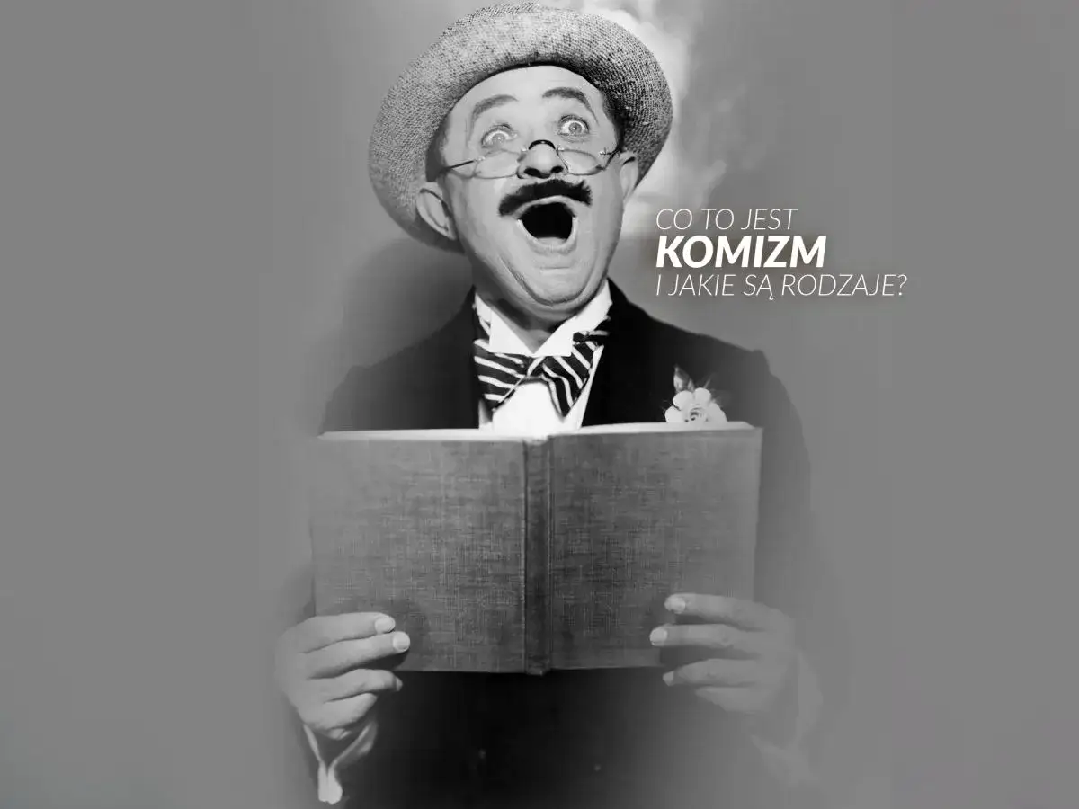 Aktor w kapeluszu i okularach z otwartymi ustami trzyma książkę, zastanawiając się nad rodzajami komizmu.