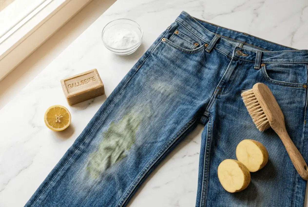 Blaue Jeans mit gr&uuml;nen Grasflecken. Gallseife, Zitrone, Backpulver und Kartoffel liegen bereit, um Grasflecken zu entfernen.