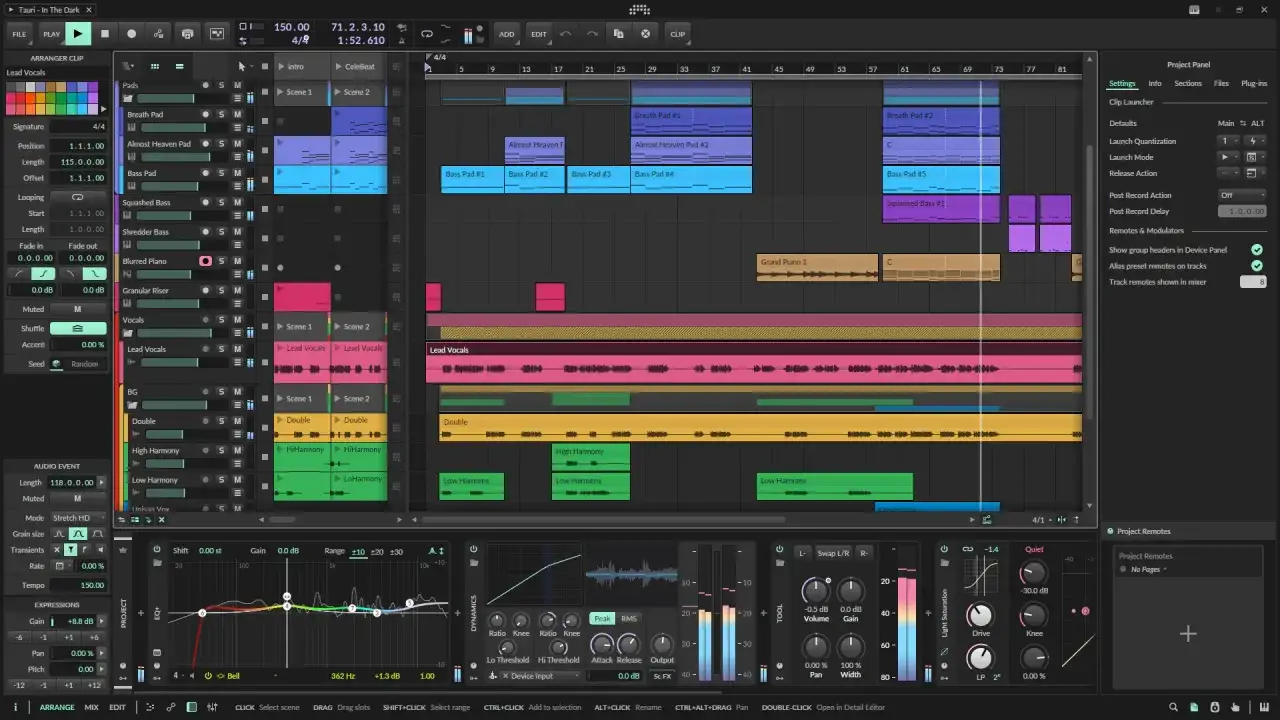 Interface d'un logiciel comme Fl Studio, montrant une timeline avec des pistes audio et MIDI, des effets et des contr&ocirc;les de mixage.