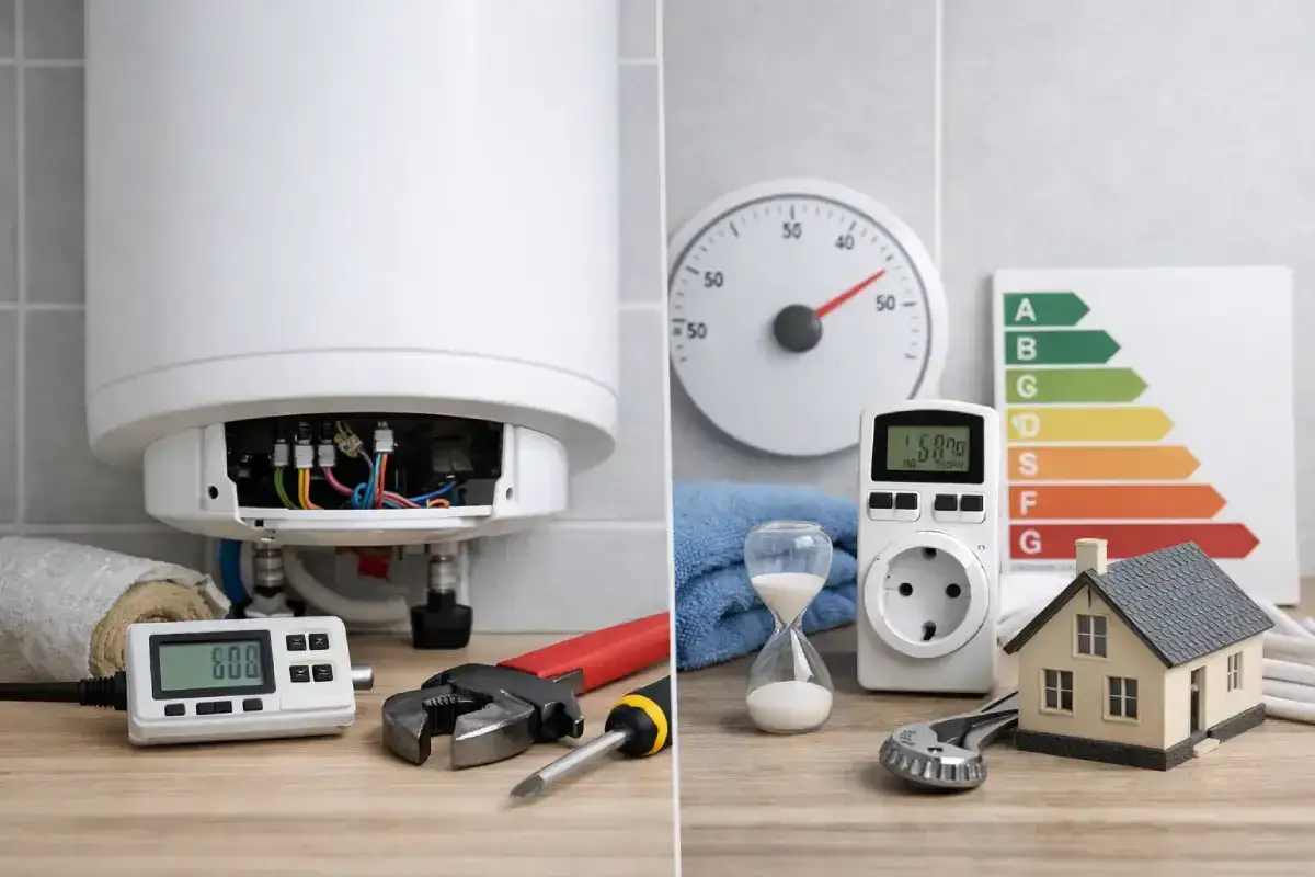 Immagine divisa: a sinistra, scaldabagno elettrico aperto con cavi e strumenti; a destra, timer, presa, clessidra, casa modello e etichetta energetica. Si discute la temperatura massima scaldabagno elettrico.