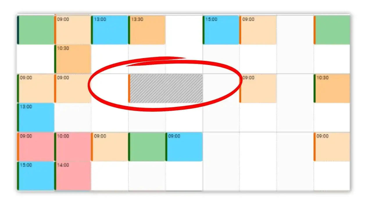 Calendario con caselle colorate. Una casella grigia tratteggiata, evidenziata da un cerchio rosso, indica un'assenza sul lavoro.