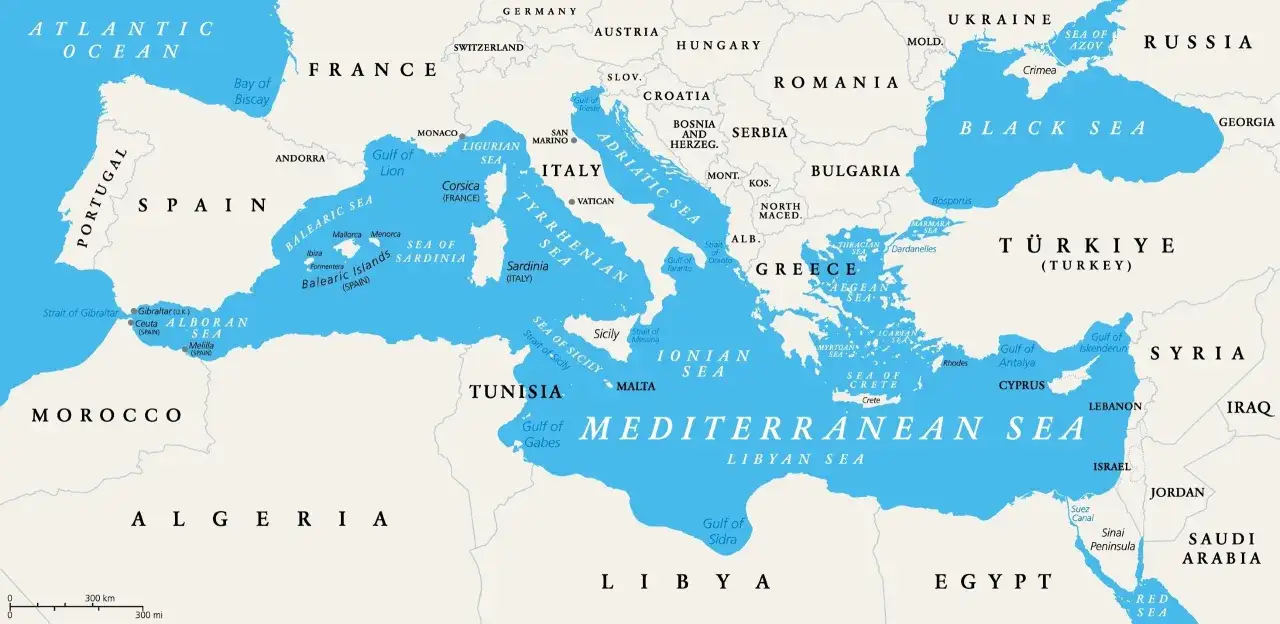 Wyspy na Morzu Śródziemnym: Baleary, Korsyka, Sardynia, Sycylia, Malta, Kreta, Cypr.