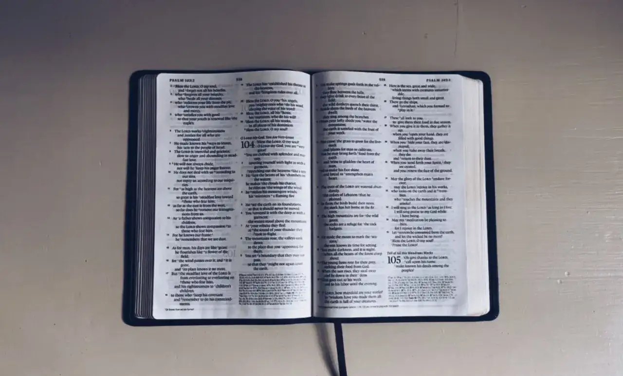 Open Bible with Psalms. The text offers guidance on how to get to heaven through faith and righteous living.