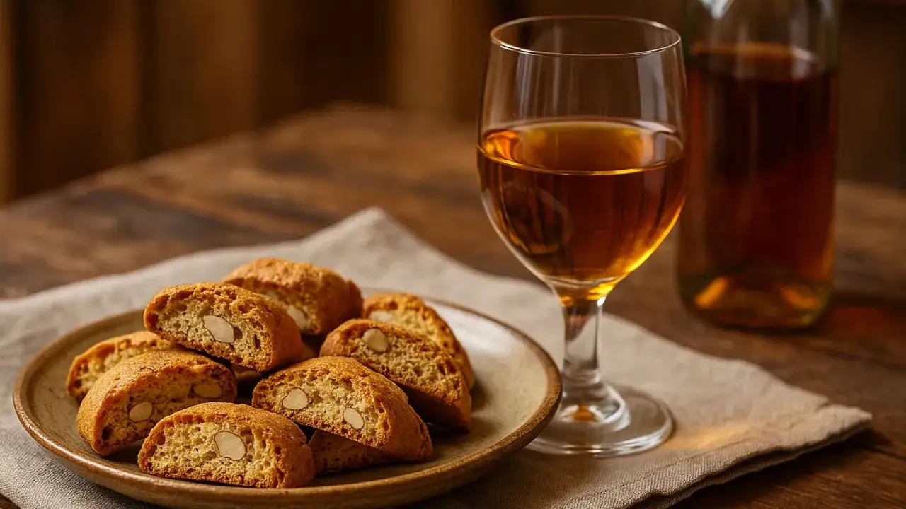 Biscotti toscani croccanti con mandorle, accompagnati da un bicchiere di vino dolce e una bottiglia sullo sfondo.
