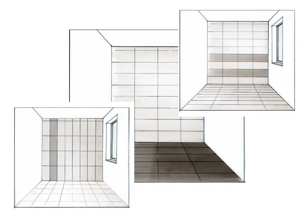 Verschiedene Verlegemuster Fliesen 30x60 verlegen Richtung: gerade, versetzt, diagonal.