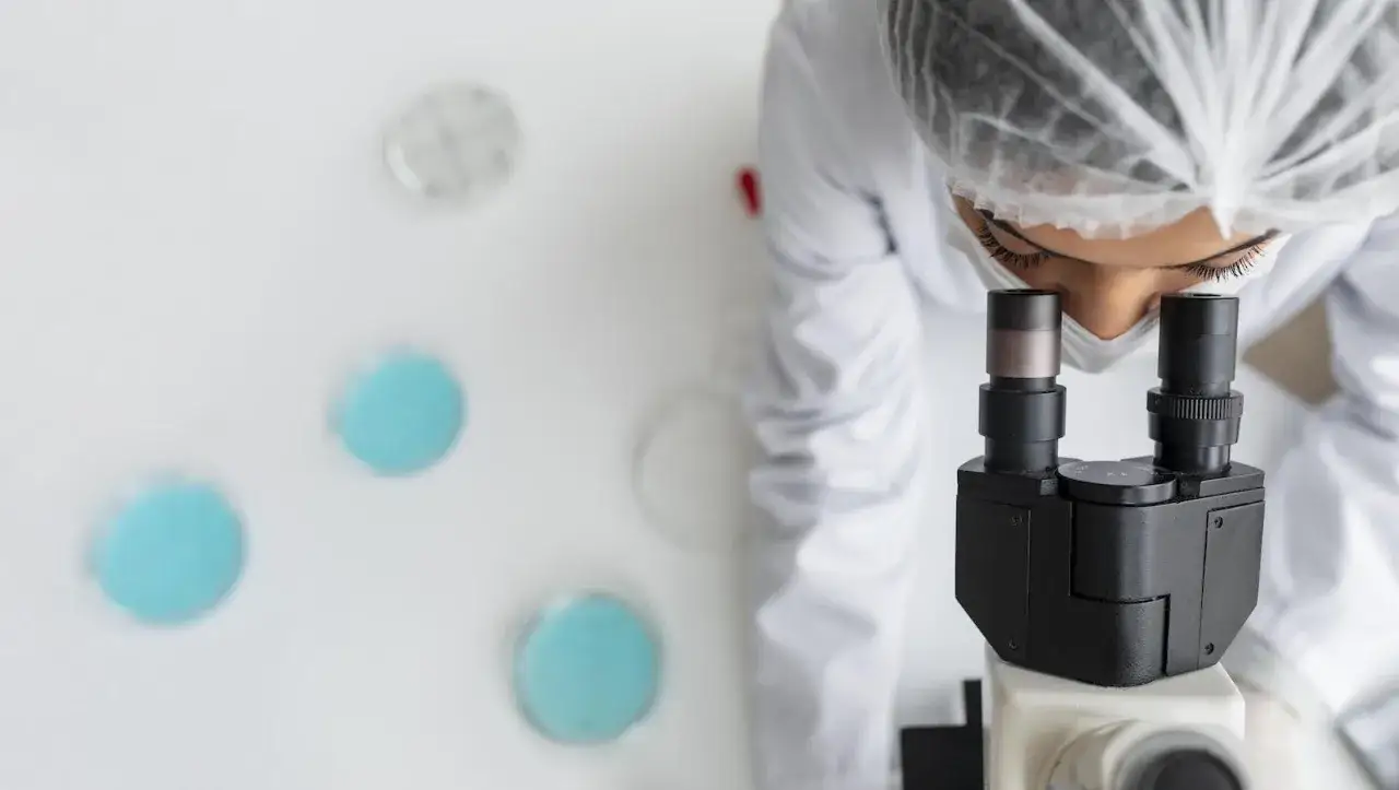 Naukowczyni bada próbki pod mikroskopem, kluczowy etap w diagnostyce szpiczaka mnogiego.
