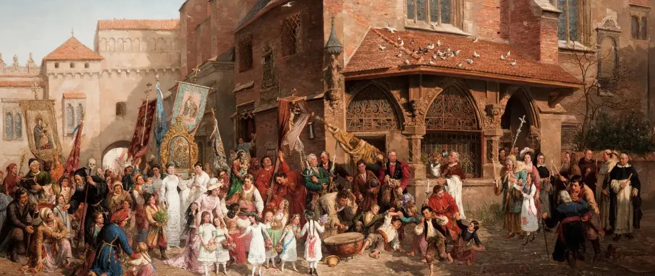 Uroczysta procesja z feretronami i ludźmi w strojach z epoki. Widać dzieci niosące kwiaty, gdy jest Boże Ciało.