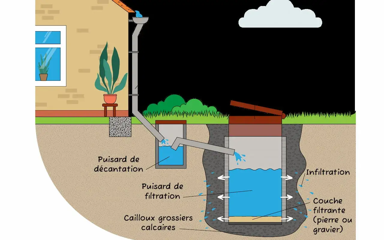 Schéma d'un système d'évacuation eau de pluie : gouttière, puisards de décantation et filtration, puis infiltration dans le sol via une couche filtrante.