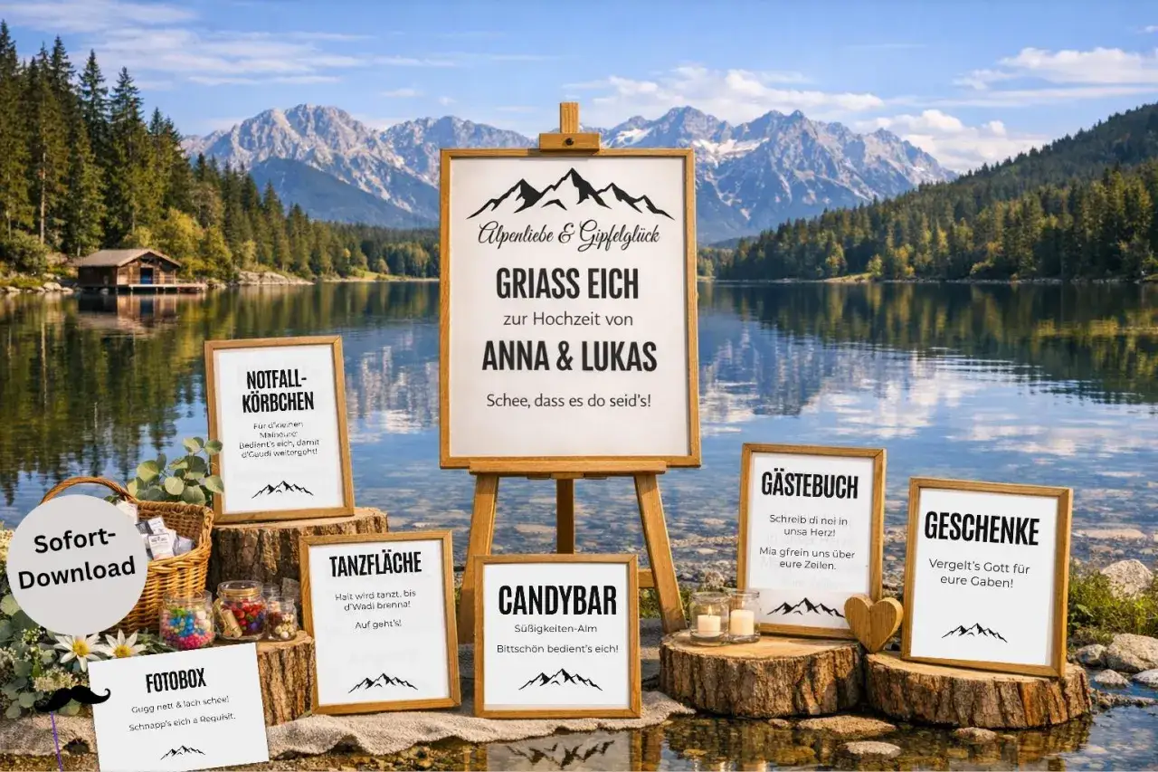 Willkommen zur Hochzeit von Anna & Lukas! Schilder für Tanzfläche, Fotobox & mehr vor malerischer Bergkulisse.