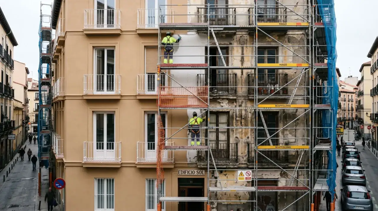 Fachada edificio en renovación. Obreros trabajan en andamios sobre una pared deteriorada, contrastando con la parte recién pintada.