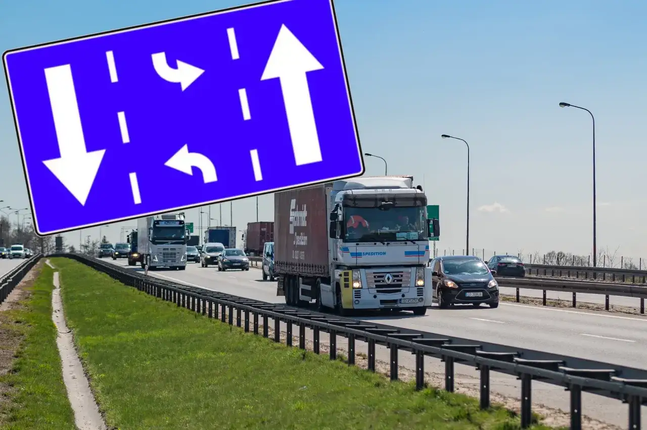 Znak drogowy informuje o pasach ruchu. Na autostradzie w Czechach, gdzie obowiązują różne prędkości, kierowcy muszą zwracać uwagę na oznaczenia.