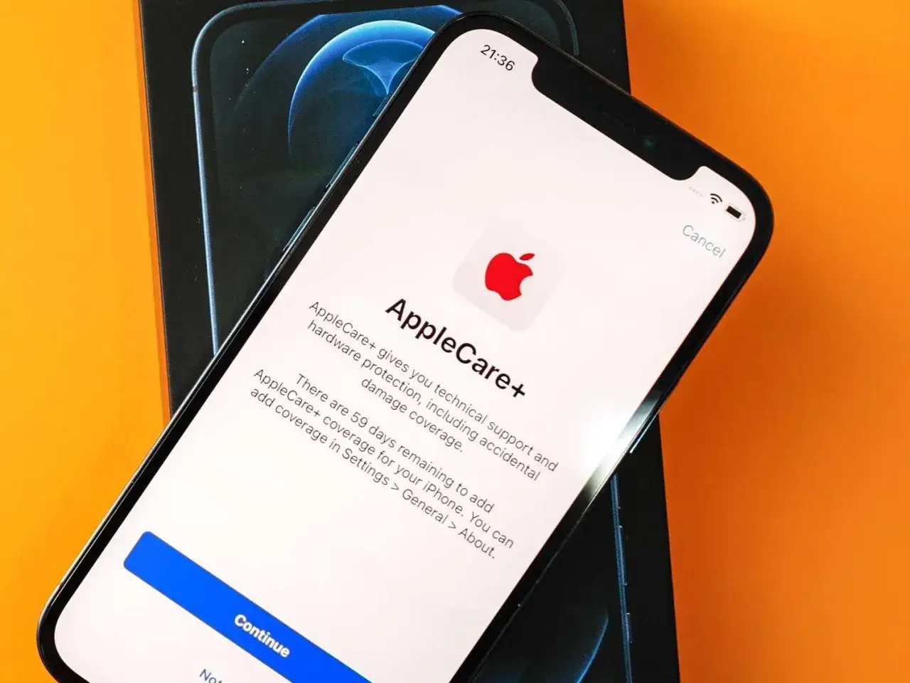 Ekran iPhone'a z ofertą AppleCare+, zapewniającą ochronę sprzętu i wsparcie techniczne. Pozostało 59 dni na dodanie ubezpieczenia.