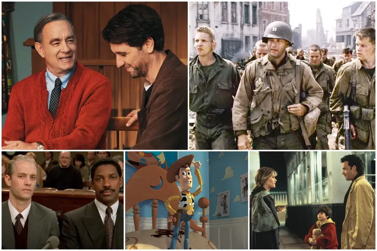 Kolaż scen z filmów z Tomem Hanksem: rozmowa, żołnierze, Woody z Toy Story, sąd i spotkanie.