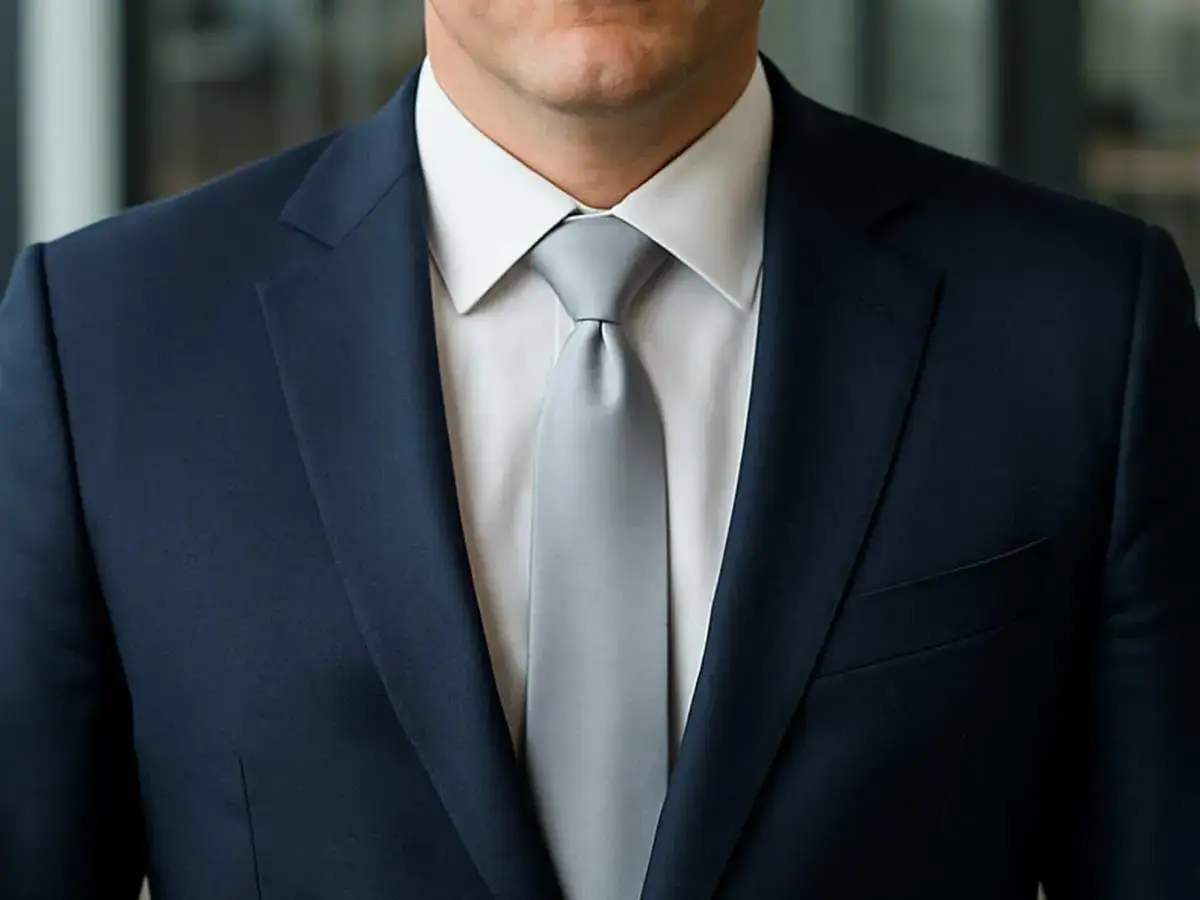 Uomo con abito blu, camicia bianca e cravatta grigio chiaro. Eleganza classica per un look impeccabile.