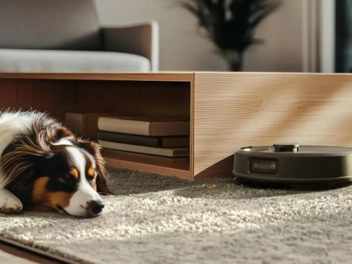 Un perro duerme plácidamente mientras un robot aspirador Cecotec limpia a su lado. ¡Las opiniones sobre este roomba son muy positivas!