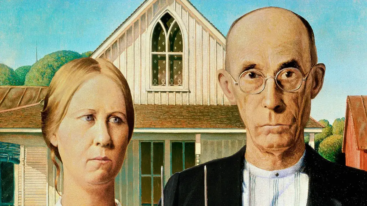 This famous picture of a farmer and wife stands stoically before their Gothic-style farmhouse, embodying rural American resilience.