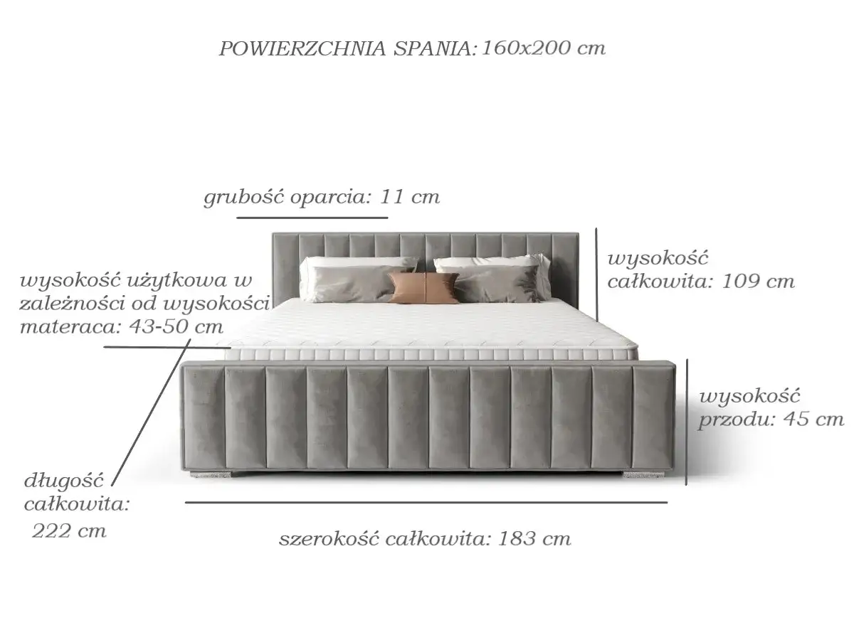 Szare ł&oacute;żko z zagł&oacute;wkiem, wymiary ł&oacute;żek: powierzchnia spania 160x200 cm, wysokość całkowita 109 cm, wysokość przodu 45 cm, długość 222 cm, szerokość 183 cm.