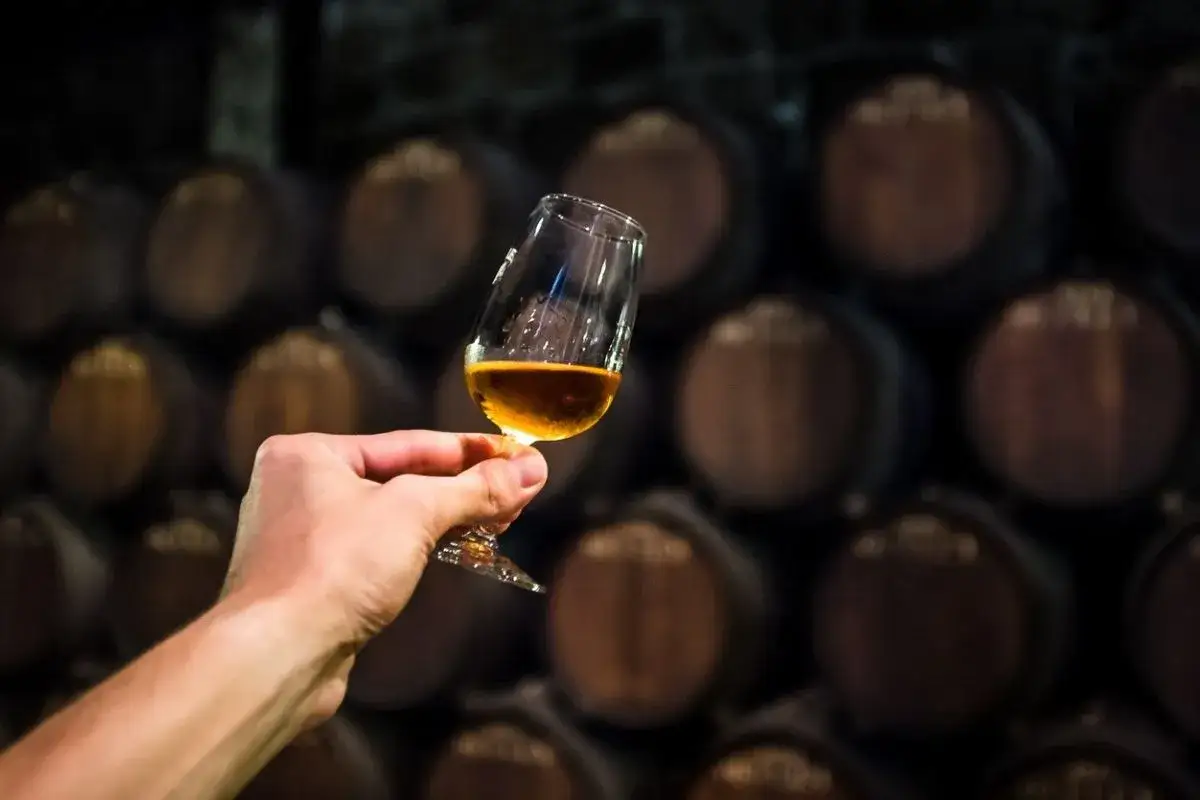 Hand h&auml;lt Glas mit Cognac vor F&auml;ssern. Die Frage, ob kann Cognac schlecht werden, besch&auml;ftigt Genie&szlig;er.