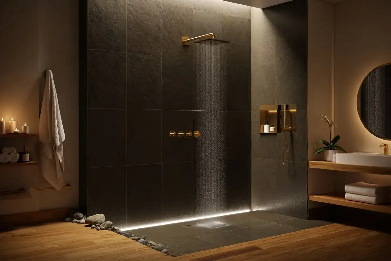 Un'elegante doccia muratura senza vetro, con finiture oro e piastrelle scure, crea un'oasi di relax.