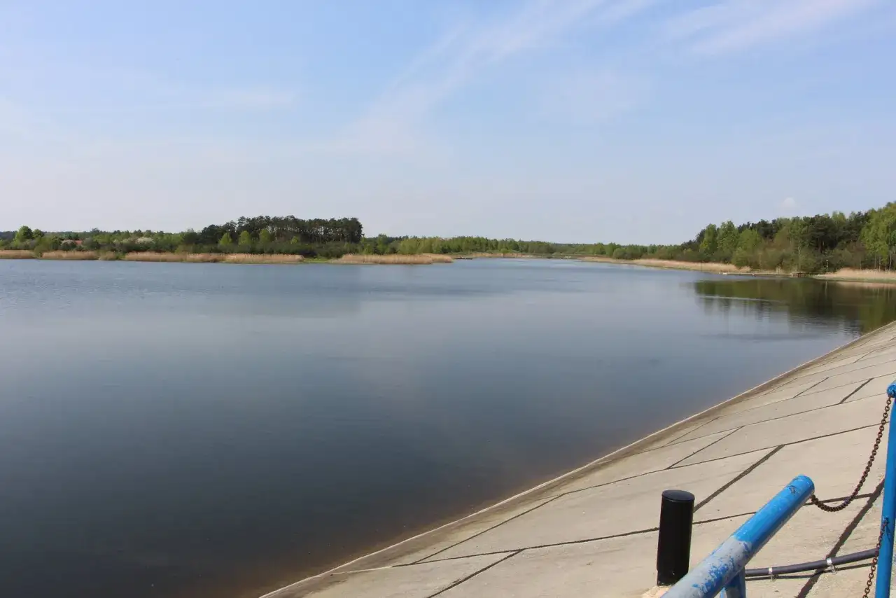 Spokojna tafla wody na zalewie domaniowskim, otoczona zielenią drzew i trzcinami. Betonowy brzeg z niebieską poręczą.