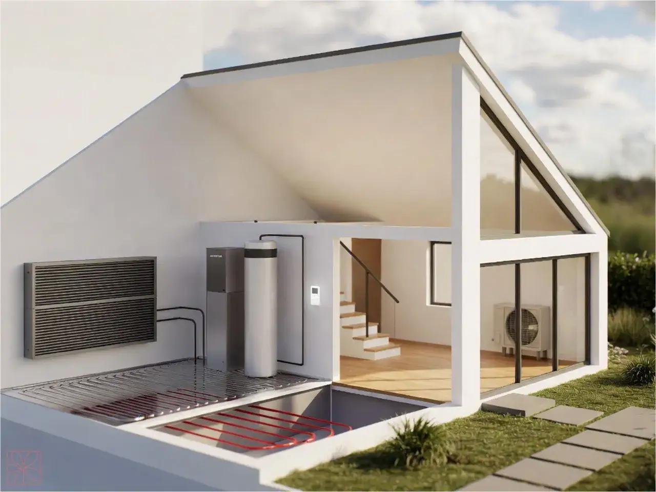 Sistema de climatización con suelo radiante, unidad exterior, depósito y radiadores fancoils integrados en una casa moderna.