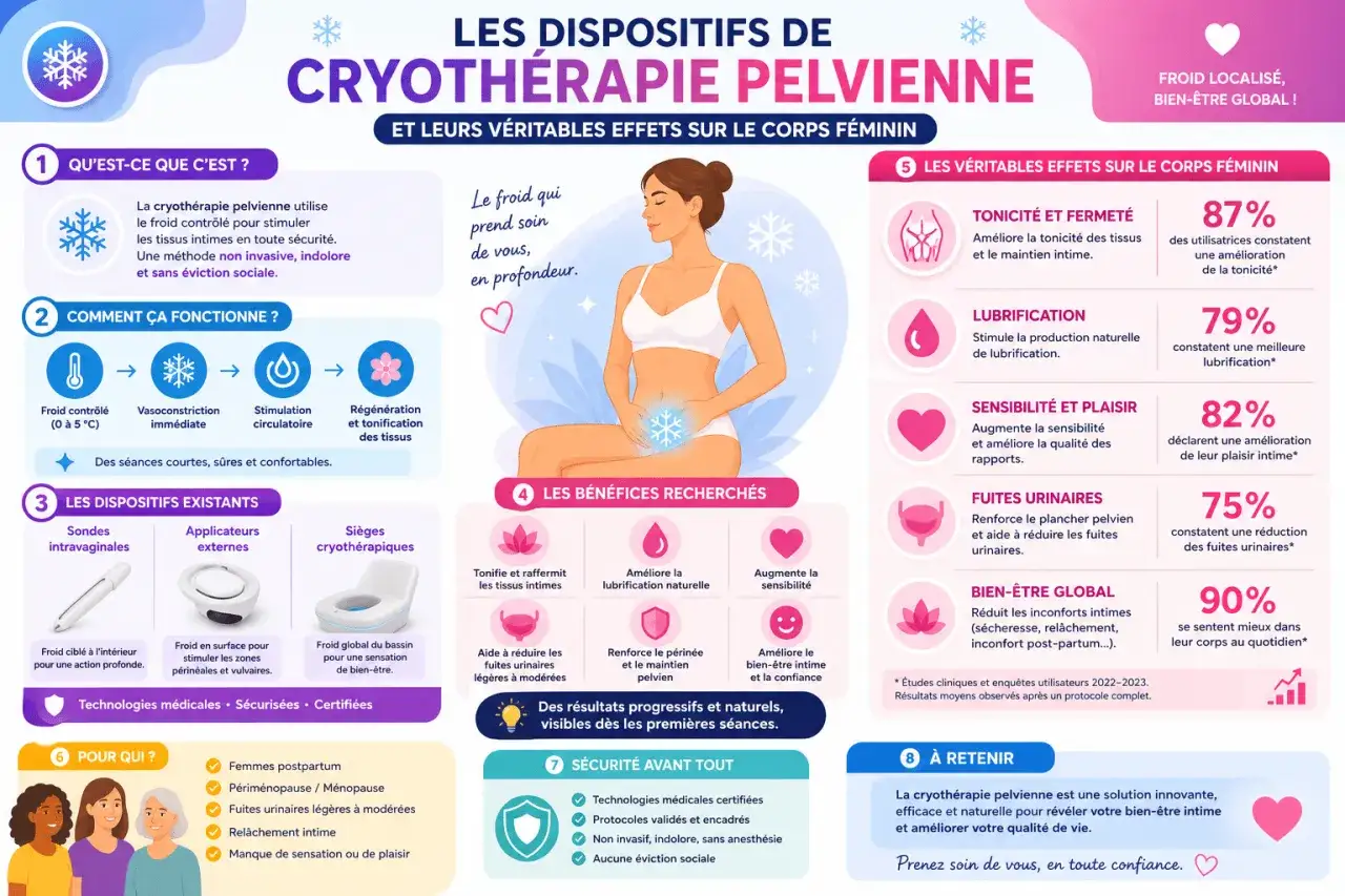 Infographie sur la cryothérapie pelvienne : ses bienfaits, son fonctionnement et les avis des utilisatrices. Le froid localisé pour le bien-être global.