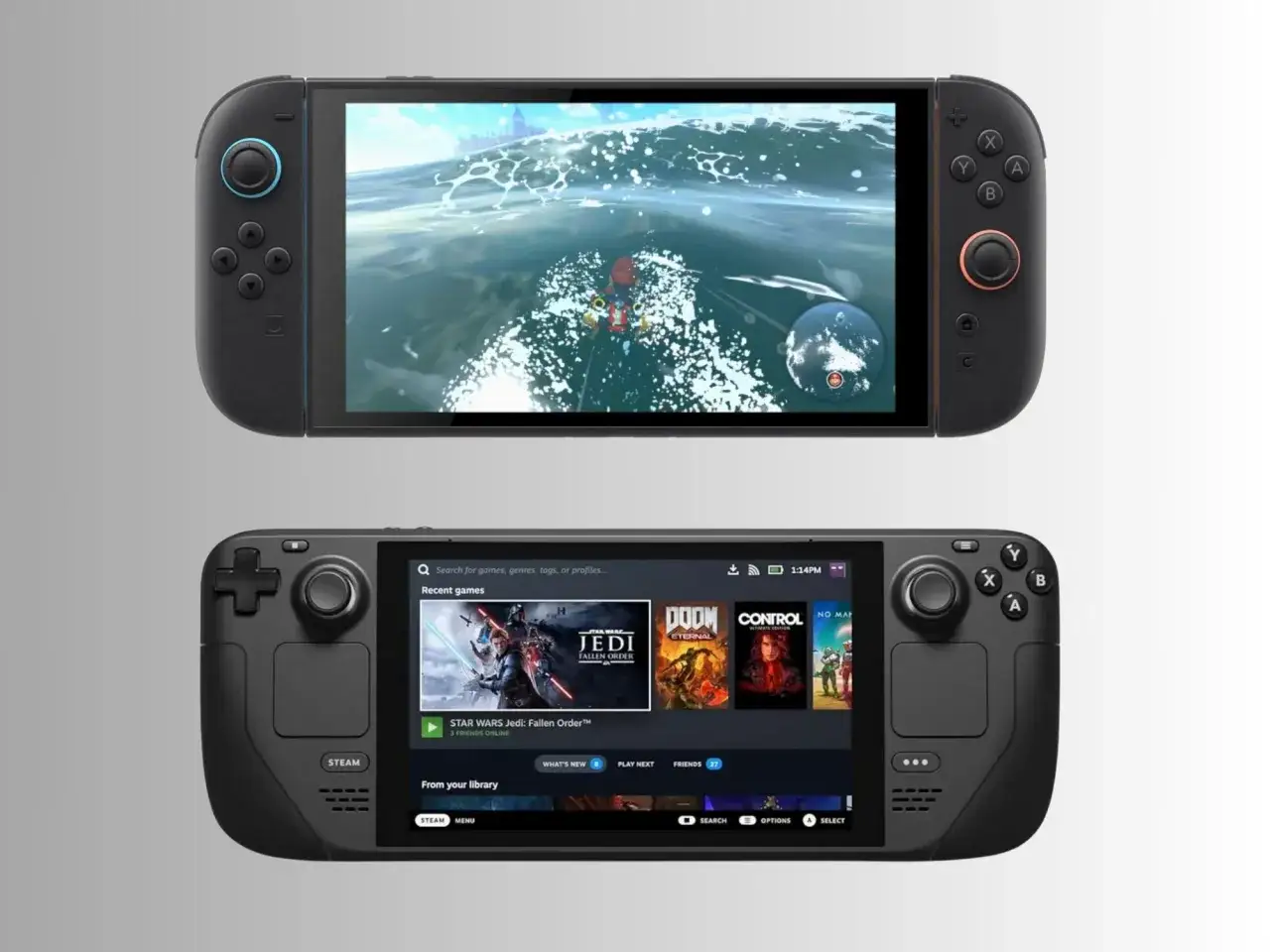 Dwa handheldy do gier, jeden z widokiem na grę wodną, drugi z menu biblioteki Steam, pokazujący gry jak Star Wars Jedi: Fallen Order. Wyobraź sobie przyszłość z Steam Deck 2.
