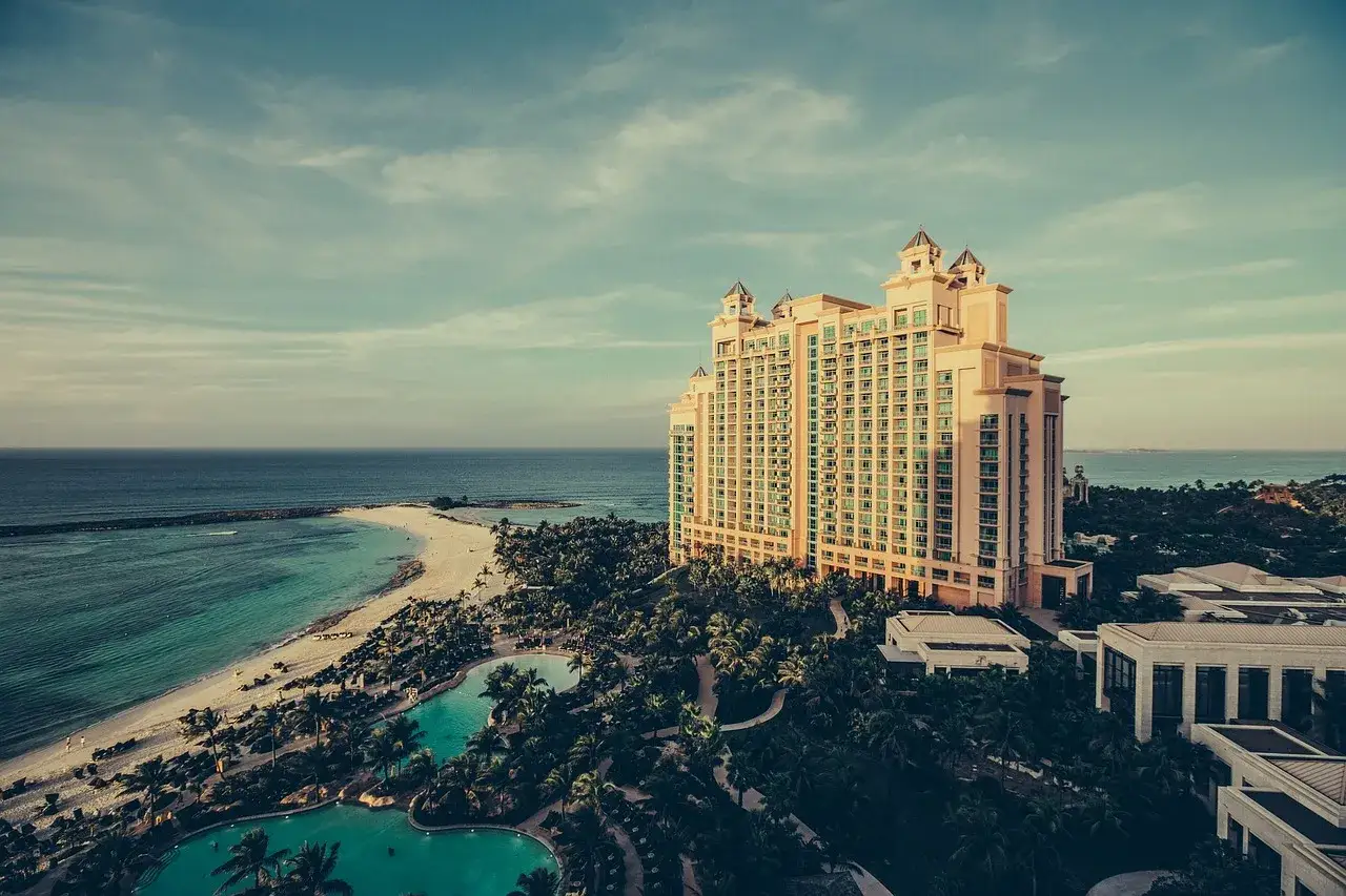 A resort hotel on a beach in the Bahamas. Before flying your drone, check the Bahamas drone laws.