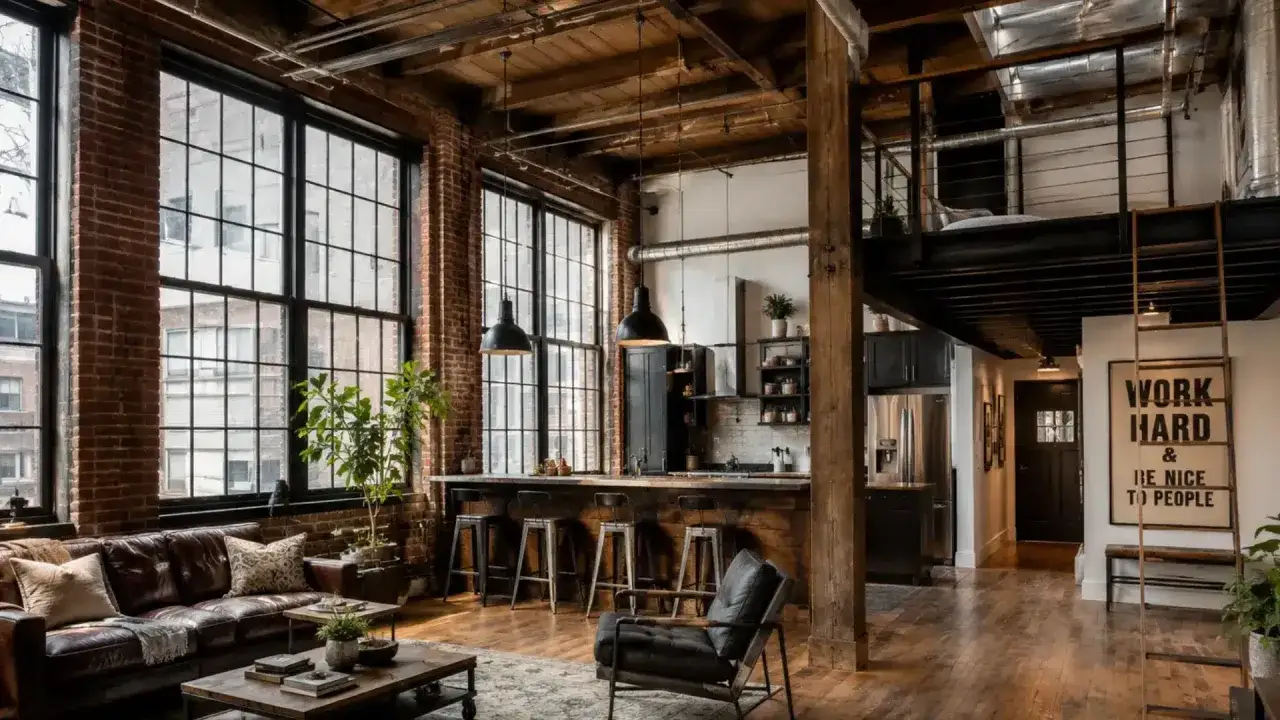 Spacious industrial loft with exposed brick, large windows, a leather sofa, and a mezzanine bedroom accessed by a ladder.