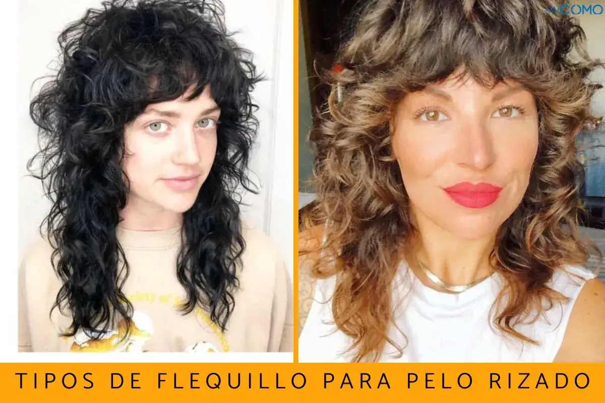 Dos estilos de flequillo rizado para pelo largo: uno oscuro y desordenado, otro castaño con ondas definidas.