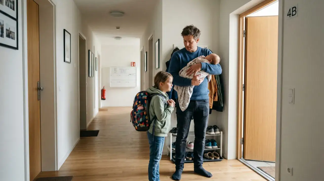 Vater hält Baby, Tochter mit Rucksack im Flur. Ein Zuhause mit vielen Vorteilen für ein Kind.
