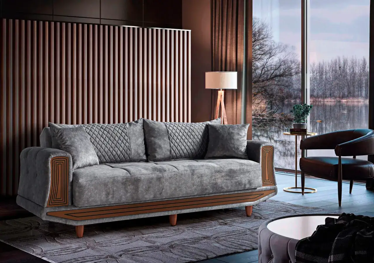 Modernes graues Sofa mit Federkern. Vorteile: langlebig, gute Stützkraft. Nachteile: kann teurer sein.