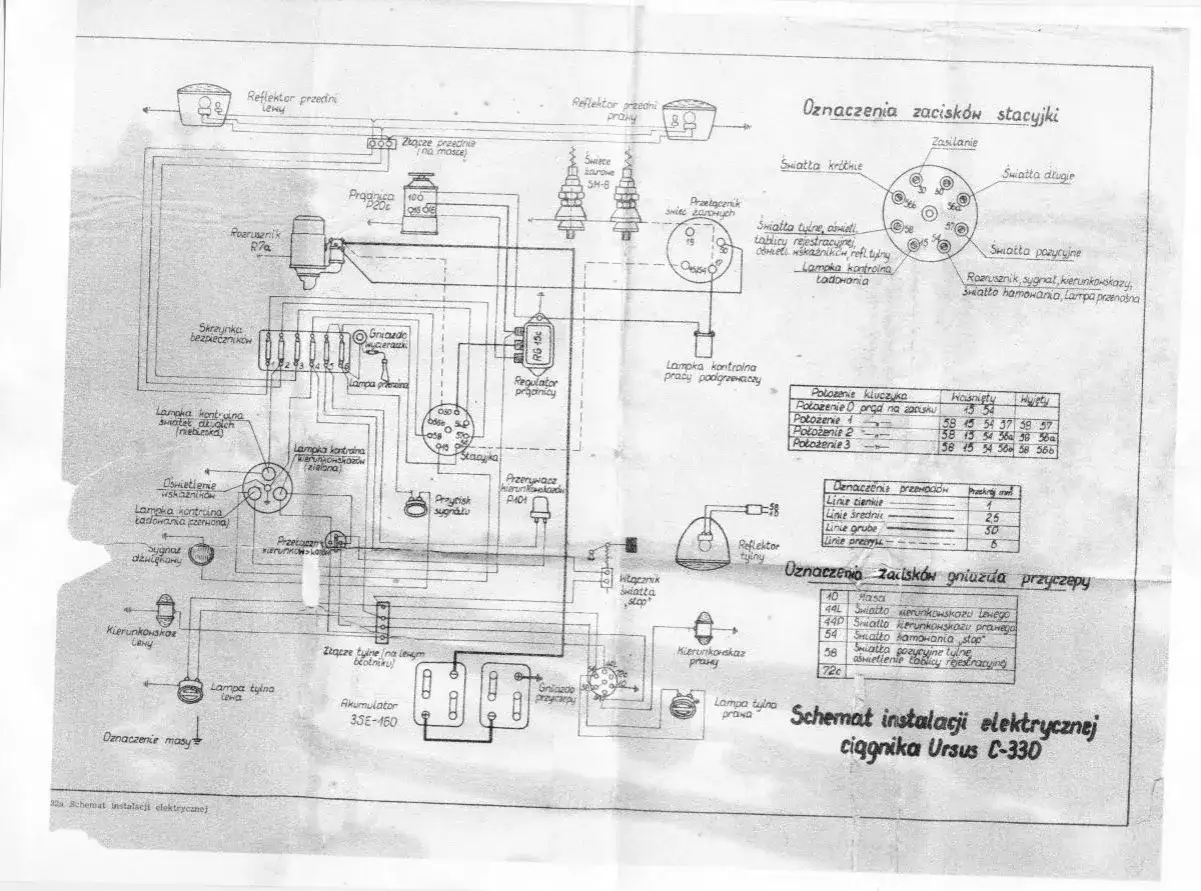 Schemat elektryczny Ursus C-330: jak podłączyć regulator napięcia do prądnicy. Pokazuje połączenia prądnicy, regulatora, akumulatora i oświetlenia.