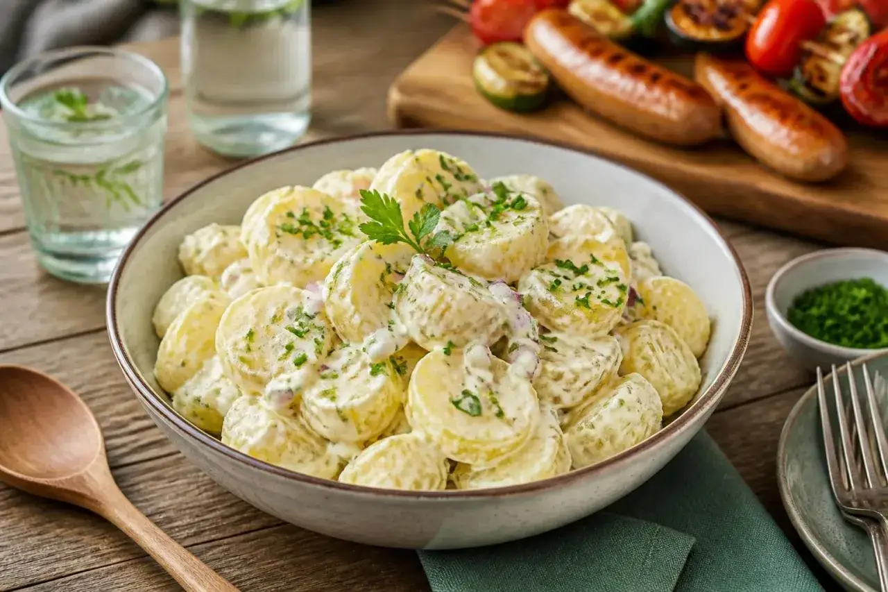 Schmackhafter Kartoffelsalat mit Schmand, garniert mit Petersilie, bereit für ein Grillfest.