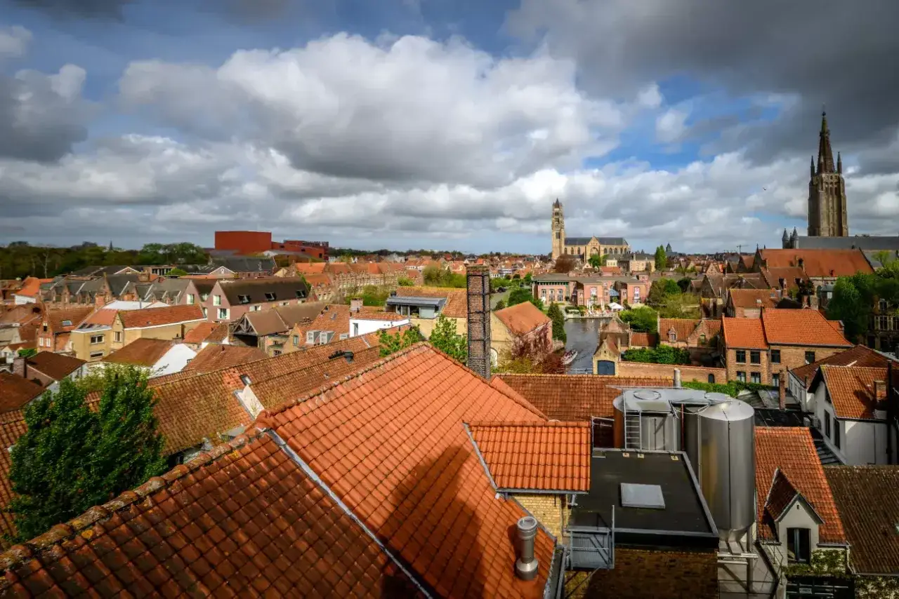 Panorama di Bruges con tetti rossi e torri. In lontananza, si intravede la **Huisbrouwerij De Halve Maan**, un gioiello storico.