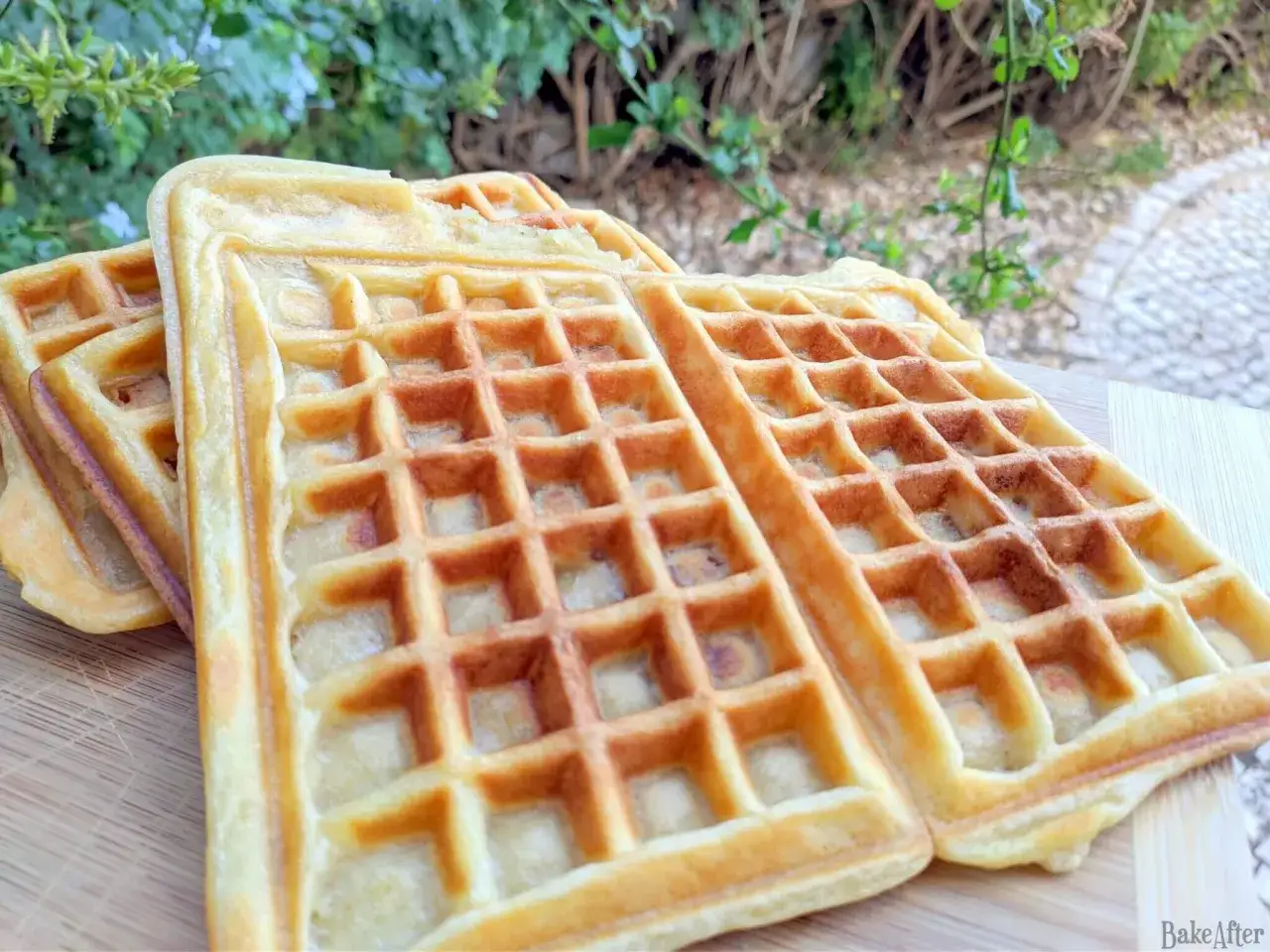 Goldbraune, rechteckige Waffeln ohne Ei liegen auf einem Holzbrett. Im Hintergrund gr&uuml;nt &uuml;ppige Vegetation.