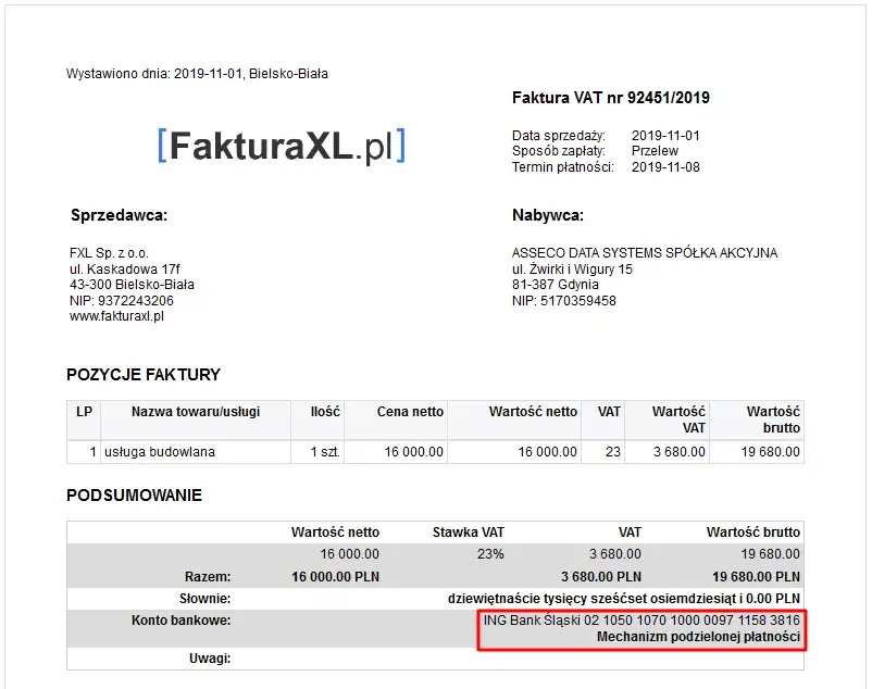 faktura z mechanizmem podzielonej płatności