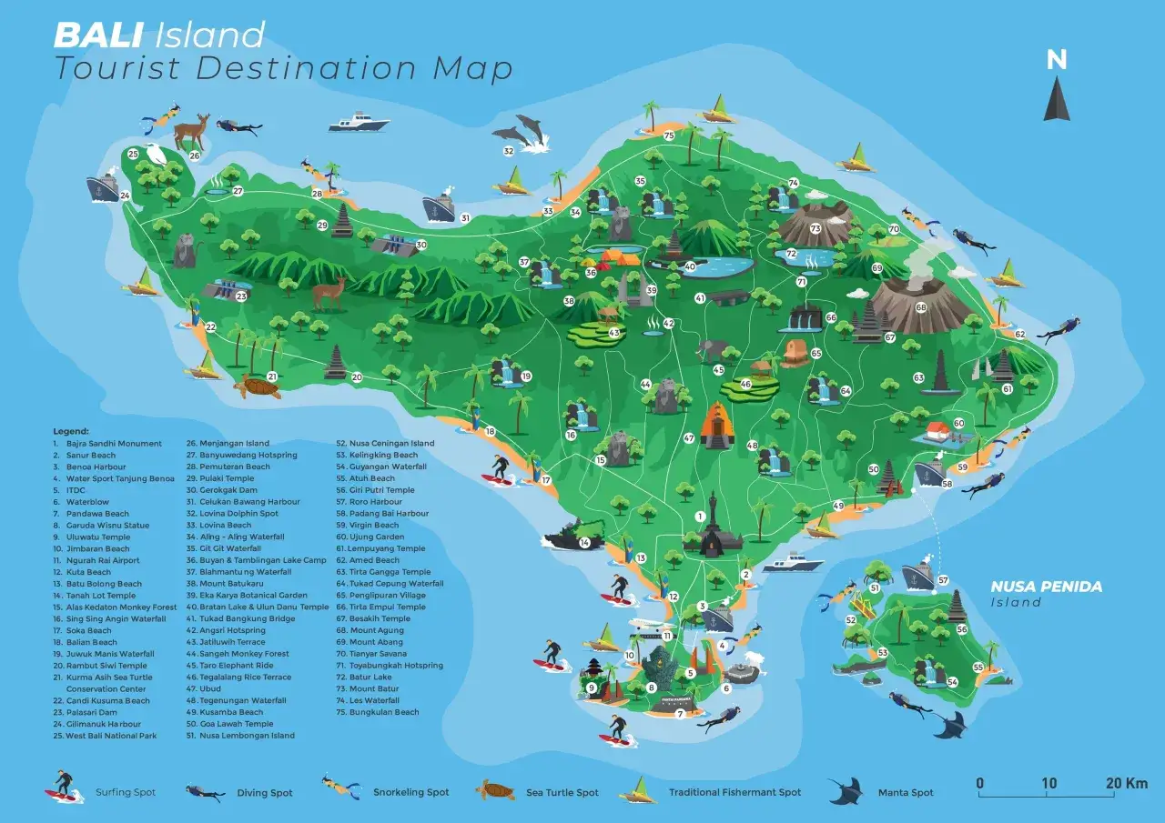 Mapa turystyczna Bali z zaznaczonymi atrakcjami, idealna do zaplanowania podróży na własną rękę. Znajdziesz tu plaże, świątynie, wodospady i miejsca do nurkowania.