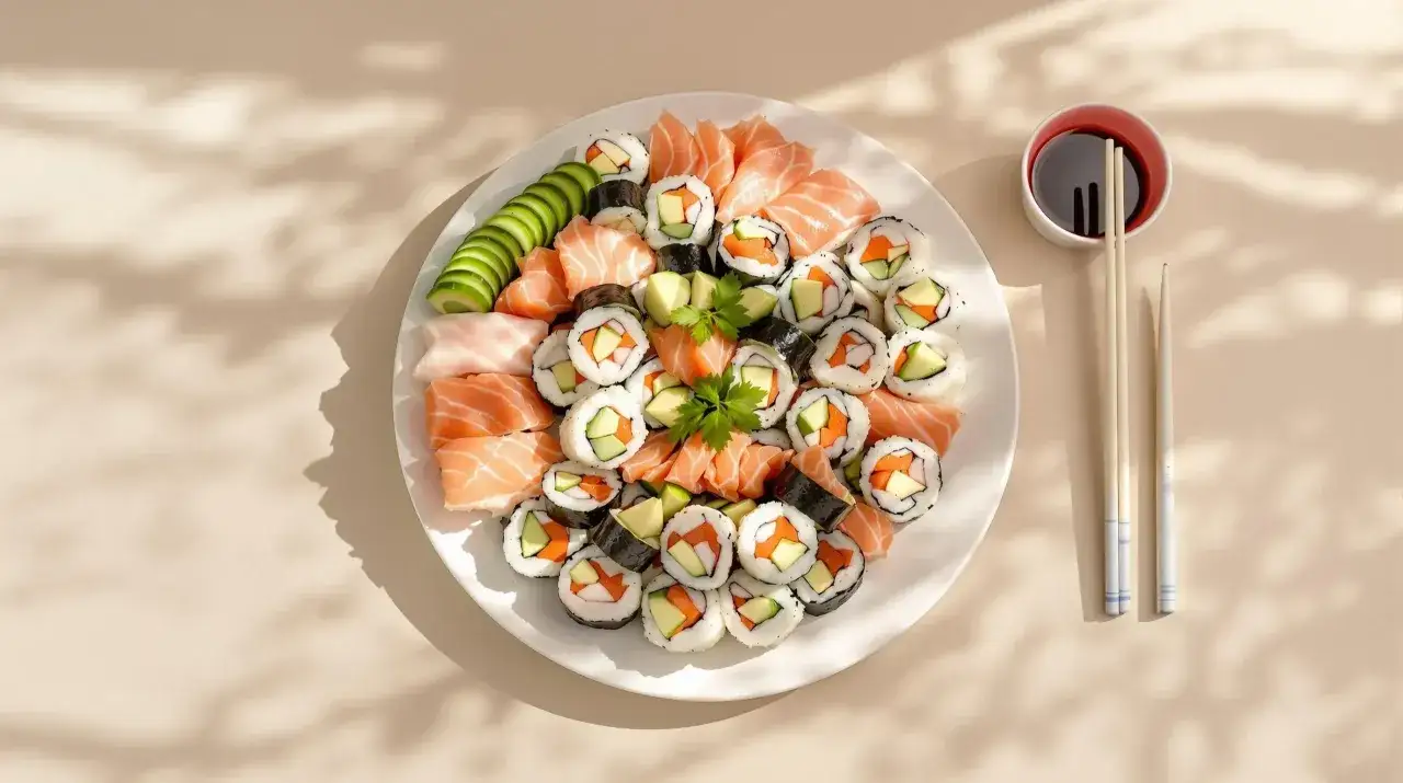 Talerz sushi z łososiem, ogórkiem i awokado. Czy sushi tuczy? Zależy od składników i ilości ryżu.