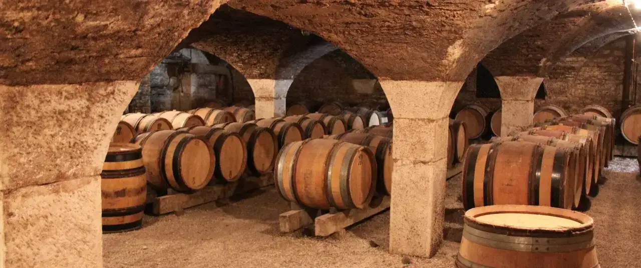 Holzf&auml;sser reifen in einem alten Keller. Hier lagert vielleicht ein edler Chardonnay, dessen Geschmack sich in diesen F&auml;ssern entwickelt.