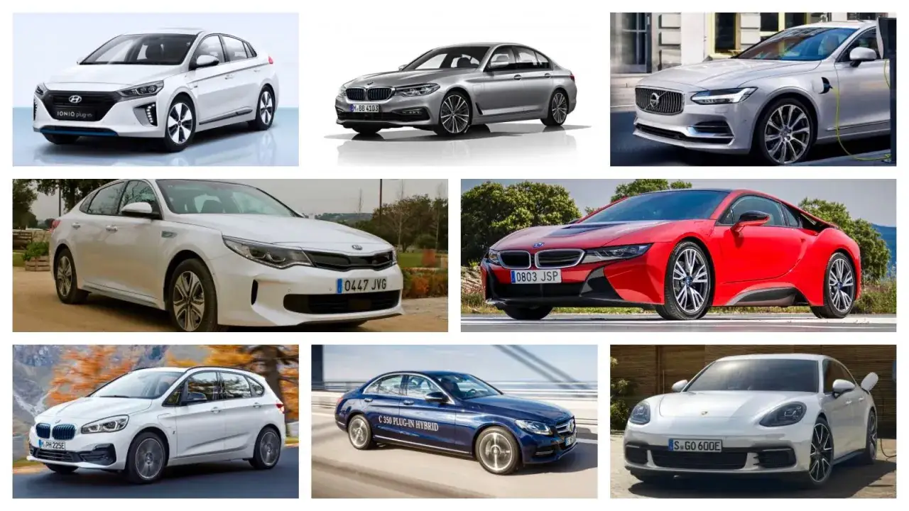Varios modelos de coche eléctrico auto recargable, incluyendo un Hyundai Ioniq, BMW i8 y Porsche Panamera, listos para la carga.