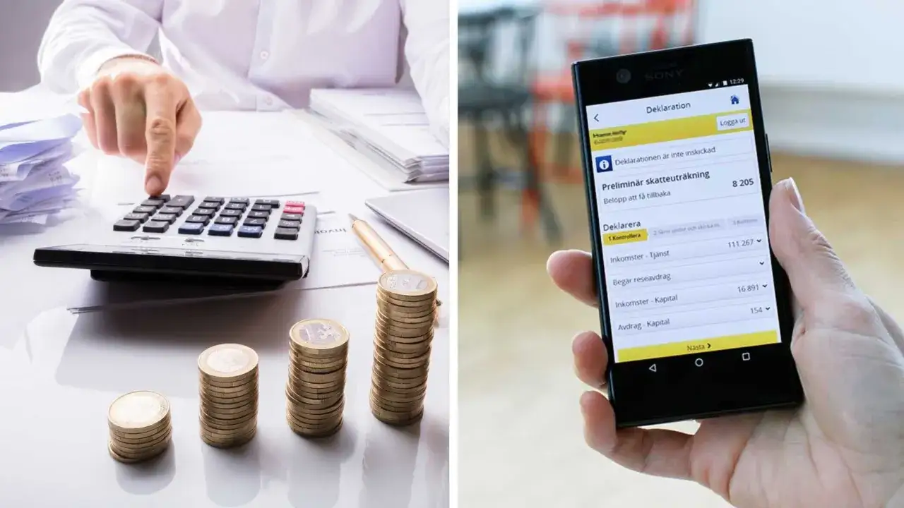 Person räknar på miniräknare med myntstaplar, en mobil visar preliminär skatteuträkning. Vinst skatt kan hanteras digitalt.