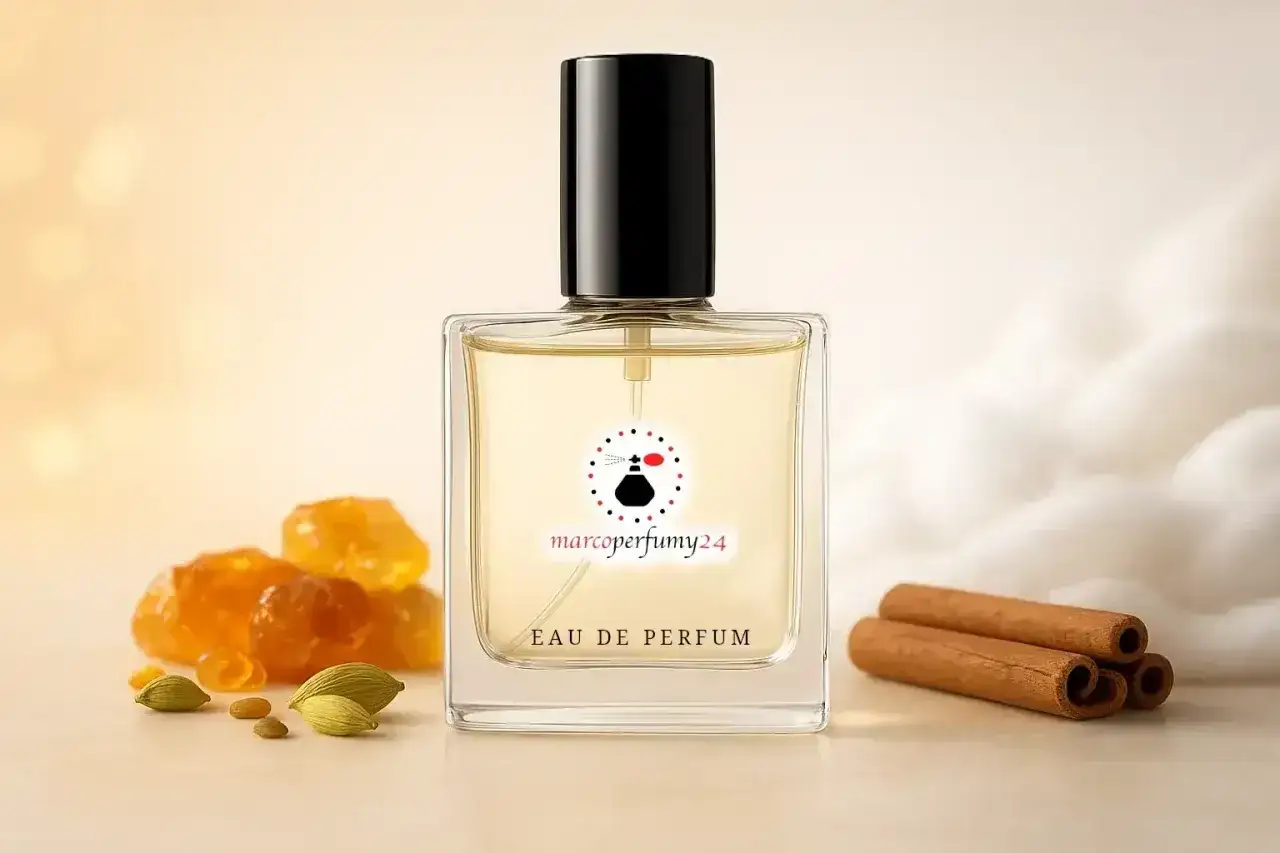 Elegancka butelka perfum z nutami ambry, cynamonu i kardamonu.