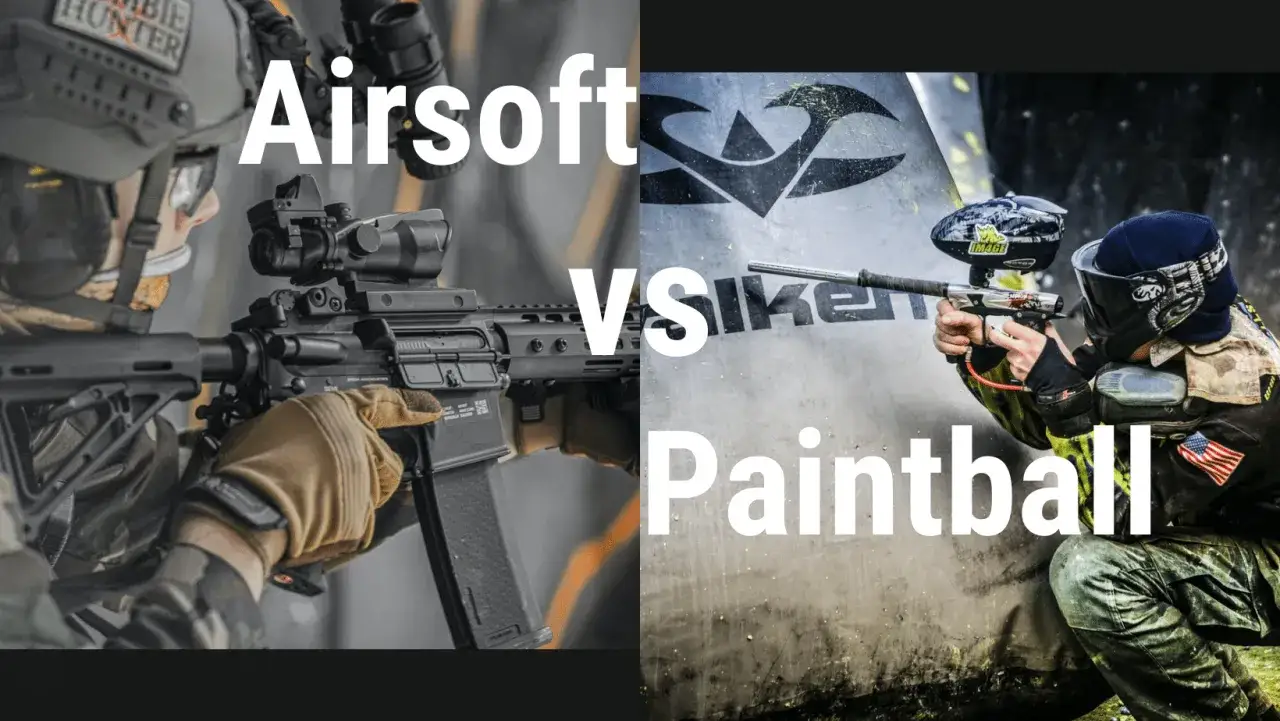 Comparativa visual: Airsoft vs. Paintball. Un jugador de airsoft con r&eacute;plica de rifle se enfrenta a un jugador de paintball con marcadora.
