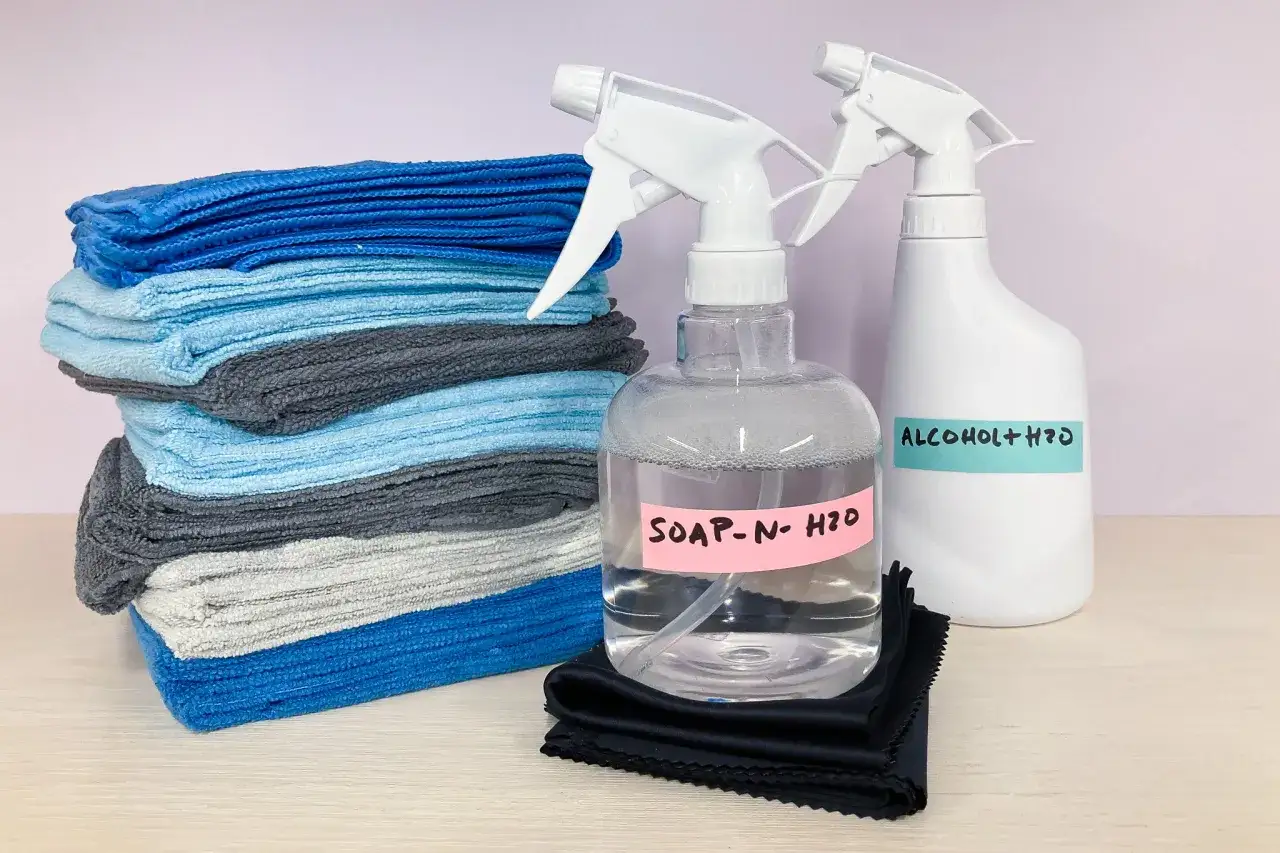 Stack of microfiber cloths and spray bottles labeled 
