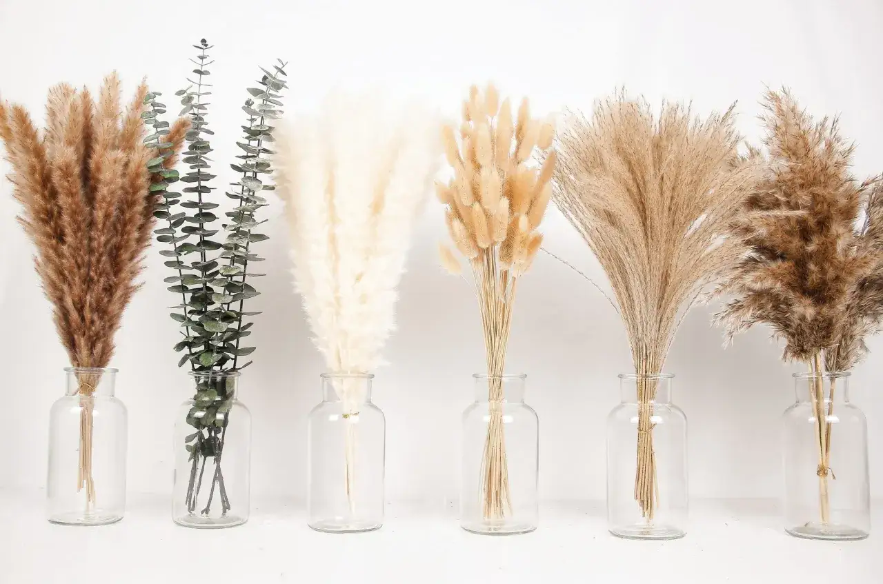 Bouquets de gramin&eacute;es s&eacute;ch&eacute;es et d'eucalyptus dans des vases en verre, parfaits pour une d&eacute;coration de mariage boh&egrave;me.