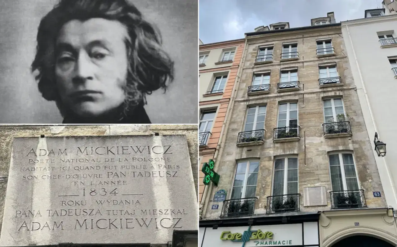 Portret Adama Mickiewicza i tablica upamiętniająca, że tu powstał Pan Tadeusz w 1834 roku.