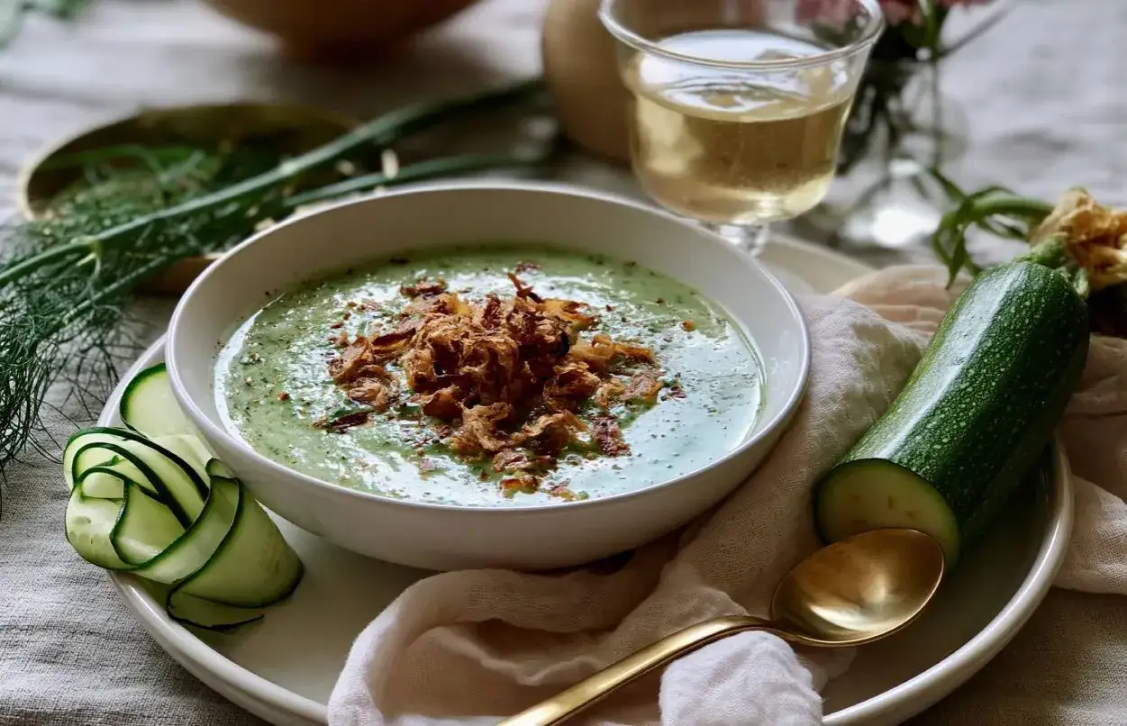 Un refrescante gazpacho de calabacín, coronado con crujientes cebollas fritas, acompañado de pepino en espiral y una copa de vino blanco.