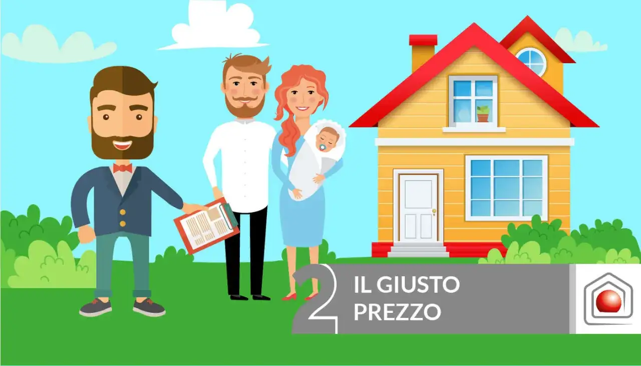 Agente immobiliare presenta una famiglia con neonato davanti a una casa gialla. Valutazione immobiliare per trovare il giusto prezzo.